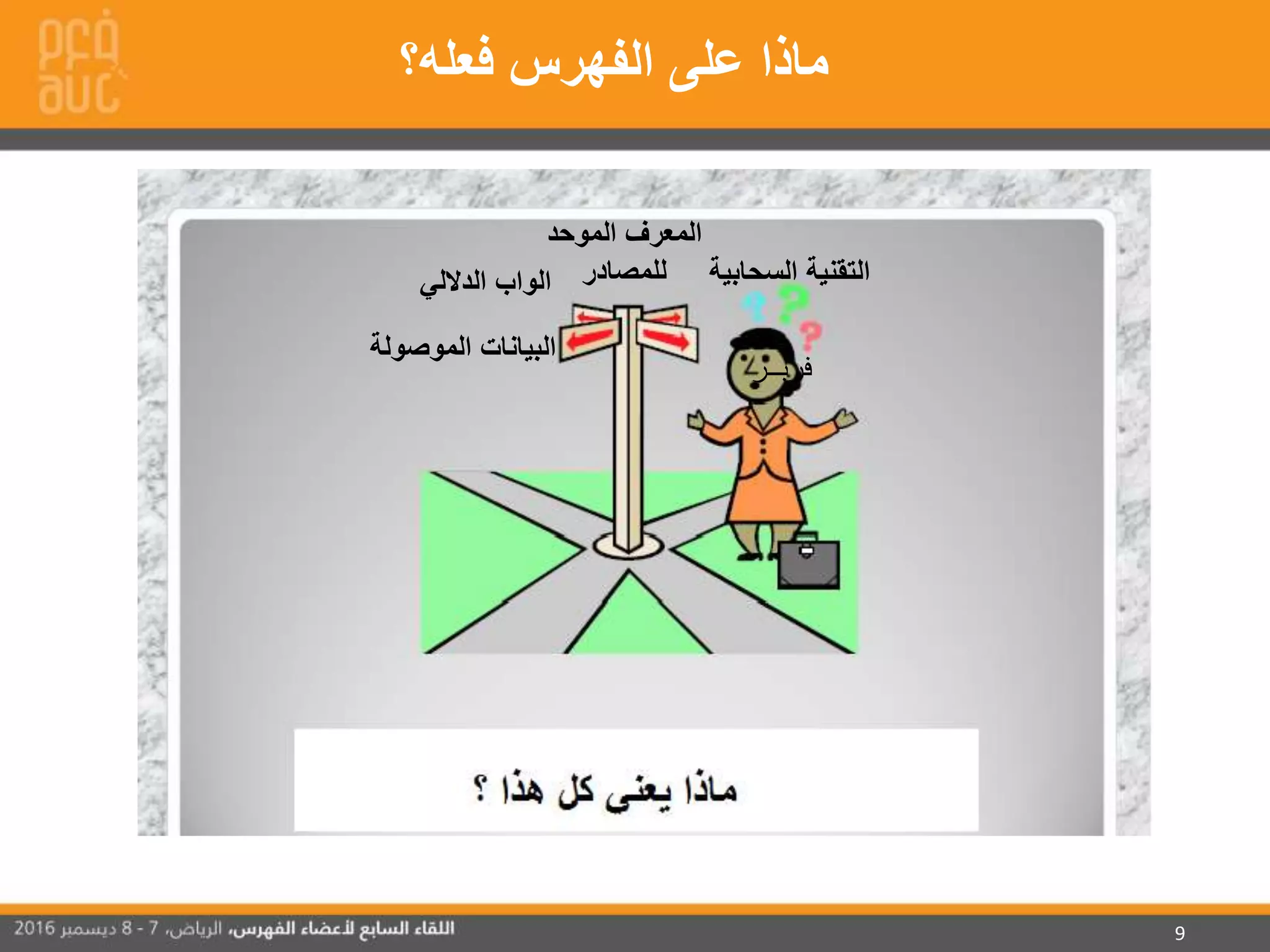 9
‫فعله؟‬ ‫الفهرس‬ ‫على‬ ‫ماذا‬
‫الداللي‬ ‫الواب‬
‫الموصولة‬ ‫البيانات‬
‫السحابية‬ ‫التقنية‬
‫فربــر‬
‫الموحد‬ ‫المعرف‬
‫للمصادر‬
 