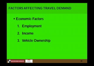 N
NILESHKUMAR HAPALIYA
H
FACTORS AFFECTING TRAVEL DEMAND
 Economic Factors
1. Employment
2. Income
3. Vehicle Ownership
41
 
