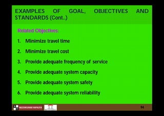 N
NILESHKUMAR HAPALIYA
H
EXAMPLES OF GOAL, OBJECTIVES AND
STANDARDS (Cont..)
Related Objectives:
1. Minimize travel time
2. Minimize travel cost
3. Provide adequate frequency of service
4. Provide adequate system capacity
5. Provide adequate system safety
6. Provide adequate system reliability
94
 