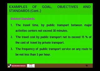 N
NILESHKUMAR HAPALIYA
H
EXAMPLES OF GOAL, OBJECTIVES AND
STANDARDS (Cont..)
Related Standards:
1. The travel time, by public transport between major
activities centers not exceed 30 minutes.
2. The travel cost by public transport not to exceed 15 % of
the cost of travel by private transport.
3. The frequency of public transport service on any route to
be not less than 3 per hour.
95
 