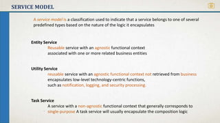 SERVICE MODEL
Entity Service
Reusable service with an agnostic functional context
associated with one or more related business entities
Utility Service
reusable service with an agnostic functional context not retrieved from business
encapsulates low-level technology-centric functions,
such as notification, logging, and security processing.
Task Service
A service with a non-agnostic functional context that generally corresponds to
single-purpose A task service will usually encapsulate the composition logic
A service model is a classification used to indicate that a service belongs to one of several
predefined types based on the nature of the logic it encapsulates
 