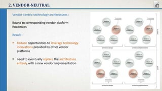 2. VENDOR-NEUTRAL
Vendor-centric technology architectures :
Bound to corresponding vendor platform
Roadmaps
Result :
 Reduce opportunities to leverage technology
innovations provided by other vendor
platforms
 need to eventually replace the architecture
entirely with a new vendor implementation
 