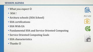 SESSION AGENDA
 What you expect 
 SOA !
 Arcitura schools (SOA School)
 SOA certifications
 SOA With EA
 Fundamental SOA and Service Oriented Computing
 Service Oriented Computing Goals
 SOA characteristics
 Thanks 
 