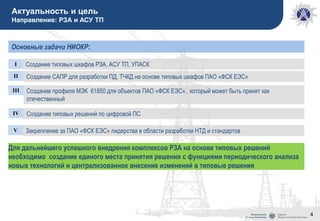 4
Актуальность и цель
Направление: РЗА и АСУ ТП
Основные задачи НИОКР:
I Создание типовых шкафов РЗА, АСУ ТП, УПАСК
II Создание САПР для разработки ПД, ТЧКД на основе типовых шкафов ПАО «ФСК ЕЭС»
III Создание профиля МЭК 61850 для объектов ПАО «ФСК ЕЭС», который может быть принят как
отечественный
IV Создание типовых решений по цифровой ПС
V Закрепление за ПАО «ФСК ЕЭС» лидерства в области разработки НТД и стандартов
Для дальнейшего успешного внедрения комплексов РЗА на основе типовых решений
необходимо создание единого места принятия решения с функциями периодического анализа
новых технологий и централизованное внесение изменений в типовые решения
 