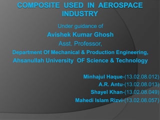 Under guidance of
Avishek Kumar Ghosh
Asst. Professor,
Department Of Mechanical & Production Engineering,
Ahsanullah University OF Science & Technology
Minhajul Haque-(13.02.08.012)
A.R. Antu-(13.02.08.013)
Shayel Khan-(13.02.08.049)
Mahedi Islam Rizvi-(13.02.08.057)
 
