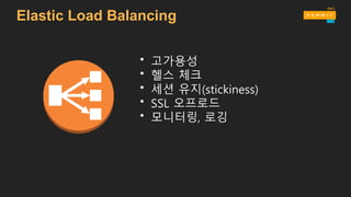 Elastic Load Balancing
• 고가용성
• 헬스 체크
• 세션 유지(stickiness)
• SSL 오프로드
• 모니터링, 로깅
 