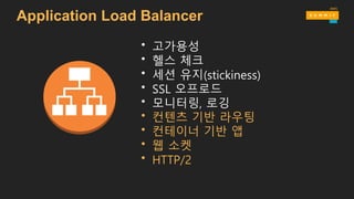 Application Load Balancer
• 고가용성
• 헬스 체크
• 세션 유지(stickiness)
• SSL 오프로드
• 모니터링, 로깅
• 컨텐츠 기반 라우팅
• 컨테이너 기반 앱
• 웹 소켓
• HTTP/2
 