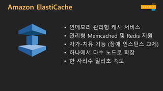 • 인메모리 관리형 캐시 서비스
• 관리형 Memcached 및 Redis 지원
• 자가-치유 기능 (장애 인스턴스 교체)
• 하나에서 다수 노드로 확장
• 한 자리수 밀리초 속도
Amazon ElastiCache
 
