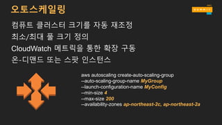 컴퓨트 클러스터 크기를 자동 재조정
최소/최대 풀 크기 정의
CloudWatch 메트릭을 통한 확장 구동
온-디맨드 또는 스팟 인스턴스
aws autoscaling create-auto-scaling-group
--auto-scaling-group-name MyGroup
--launch-configuration-name MyConfig
--min-size 4
--max-size 200
--availability-zones ap-northeast-2c, ap-northeast-2a
오토스케일링
 