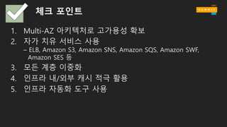 체크 포인트
1. Multi-AZ 아키텍처로 고가용성 확보
2. 자가 치유 서비스 사용
– ELB, Amazon S3, Amazon SNS, Amazon SQS, Amazon SWF,
Amazon SES 등
3. 모든 계층 이중화
4. 인프라 내/외부 캐시 적극 활용
5. 인프라 자동화 도구 사용
 