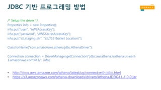 JDBC 기반 프로그래밍 방법
/* Setup the driver */
Properties info = new Properties();
info.put("user", "AWSAccessKey");
info.put("password", "AWSSecretAccessKey");
info.put("s3_staging_dir", "s3://S3 Bucket Location/");
Class.forName("com.amazonaws.athena.jdbc.AthenaDriver");
Connection connection = DriverManager.getConnection("jdbc:awsathena://athena.us-east-
1.amazonaws.com:443/", info);
• http://docs.aws.amazon.com/athena/latest/ug/connect-with-jdbc.html
• https://s3.amazonaws.com/athena-downloads/drivers/AthenaJDBC41-1.0.0.jar
 