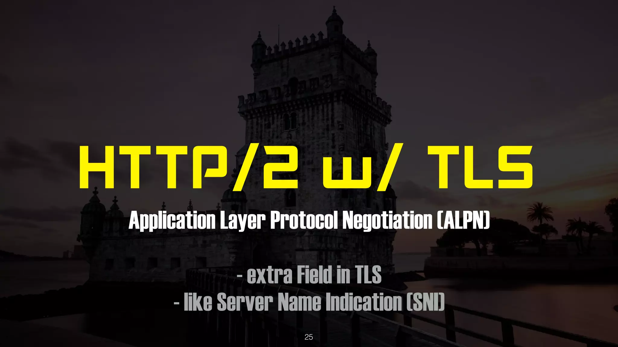 HTTP/2 w/ TLS
Application Layer Protocol Negotiation (ALPN)
- extra Field in TLS
- like Server Name Indication (SNI)
25
 