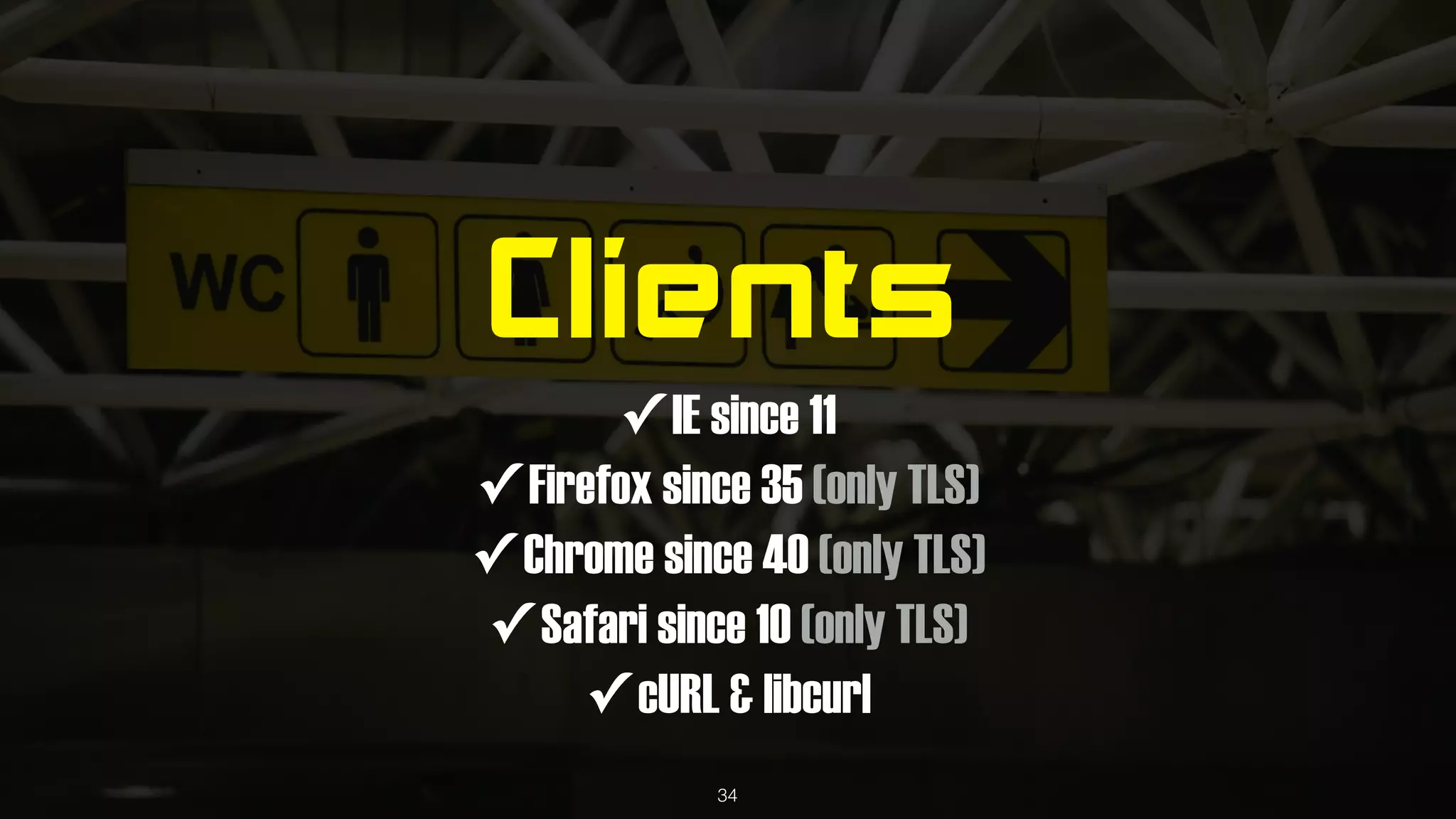 Clients
✓ IE since 11
✓ Firefox since 35 (only TLS)
✓ Chrome since 40 (only TLS)
✓ Safari since 10 (only TLS)
✓ cURL & libcurl
34
 
