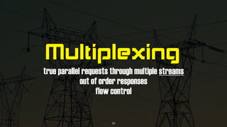 Multiplexing
true parallel requests through multiple streams
out of order responses
flow control
28
 