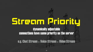 Stream Priority
dynamically adjustable
connections have same priority on the server
e.g. Chat Stream > Voice Stream > Video Stream
29
 