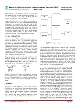 International Research Journal of Engineering and Technology (IRJET) e-ISSN: 2395 -0056
Volume: 02 Issue: 02 | May-2015 www.irjet.net p-ISSN: 2395-0072
© 2015, IRJET.NET- All Rights Reserved Page 732
have access to a fixed telephone network. So in a country
like India we need to focus more on this method as it
can be implemented very easily and effectively.In this
system PIC controller is used to control .
output pulses from the metering IC are counted using the
default timer of PIC MCU. The signal from meter through
Octocoupler is normally high and the high to low
transition of this voltage wave indicates the occurrence
of a pulse. The counting of low pulse is an inefficient
method as improper grounding issues may even be
counted as a pulse by the device. So the produced pulse
is reversed before applying to the counter. A TTL
compatible inverter circuit is used for this purpose.
3. PROPOSED SYSTEM
In Existing system PIC is used for controlling In proposed
system we are using ARM7 microcontroller this system
developed for automatic reading and instant billing and
for utility off and on before and after paying bill. PIC
Microcontroller needs more clock cycles compared with
ARM7 micro controller so its operation speed is low and
PIC having separate memory spaces for RAM and
program memory but ARM7 having harward
architecture. C compiler choice is limited in PIC but in
ARM7 compiler is more suitable for any operation it also
more efficient in console functions.
This proposed system operate with high speed and it will
sends the messge before increasing of unit charge by
using data provided in the main server system for this
here using GSM system which uses GPRS network for
connecting.Present unit charge for residential is:
Consumption unit charge
First 50 1.45
50-100 2.60
101-150 3.25
So,these will increase electricity bill more so by using this
proposed system we can reduce majorly.It usefull for both
the user and electricity board it reduces human needs by
providing services using cellular network and visual
studio.
4.WORKING
This project consists of following blocks ARM7 controller
is central for all controlling of this smart energy meter.
Energy meter is another important one in this system
which is used for live reading of electricity consumption
and which is interfaced with controller to communicate
with server and which operates according server
commands. Total blocks of this system is shown below:
Fig-1: Block diagram of proposed system.
The smart energy meter working is here to give a consumed
units to the user and indicate the units to the user before
reaching reference units that reference unit is fixed by the
server of main pc at that reference unit .unit rate will be
increase so before reaching that point smart meter indicates to
the user for this purpose in this system ARM7 and energy meter
and GSM network are using. In the power supply unit we used
power supply circuit which required to convert AC signal to DC
signal and also to reduce the amplitude of the signal. The
available voltage signal from the mains is 230V/50Hz which is
an AC voltage, but the required is DC voltage with the amplitude
of +5V and +12V for various applications.
In this section we have Transformer, Bridge
rectifier, are connected serially and voltage regulators
7805 and 7812 for +5V and +12V via a 1000µF capacitor
in parallel are connected parallel. Each voltage regulator
output is again is connected to the capacitors connected
parallel through which the corresponding output +5V or
+12V are taken the LPC 2148 is operating with 3.3v so by
using an adaptor which converts 230v to 5v dc is
connected we connect either ac or dc converted adaptor in
LPC 2148 we have bridge rectifier which converts into dc
if we given supply in ac. The LPC2148 microcontrollers
are based on a 32 bit ARM7TDMI-S CPU with real-time
emulation and embedded trace support, that combines the
microcontroller with embedded high speed flash memory
ranging from 32 kB to 512 kB. A 128-bit wide memory
interface and a unique accelerator architecture enable 32-
bit code execution at the maximum clock rate. For critical
code size applications, the alternative 16-bit Thumb mode
reduces code by more than 30 % with minimal
performance penalty. Due to their tiny size and low power
consumption, LPC2148 are ideal for applications where
miniaturization is a key requirement, such as access
 