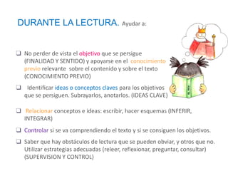 ❑ Relacionar conceptos e ideas: escribir, hacer esquemas (INFERIR,
INTEGRAR)
❑ Controlar si se va comprendiendo el texto y si se consiguen los objetivos.
❑ Saber que hay obstáculos de lectura que se pueden obviar, y otros que no.
Utilizar estrategias adecuadas (releer, reflexionar, preguntar, consultar)
(SUPERVISION Y CONTROL)
DURANTE LA LECTURA. Ayudar a:
❑ No perder de vista el objetivo que se persigue
(FINALIDAD Y SENTIDO) y apoyarse en el conocimiento
previo relevante sobre el contenido y sobre el texto
(CONOCIMIENTO PREVIO)
❑ Identificar ideas o conceptos claves para los objetivos
que se persiguen. Subrayarlos, anotarlos. (IDEAS CLAVE)
 