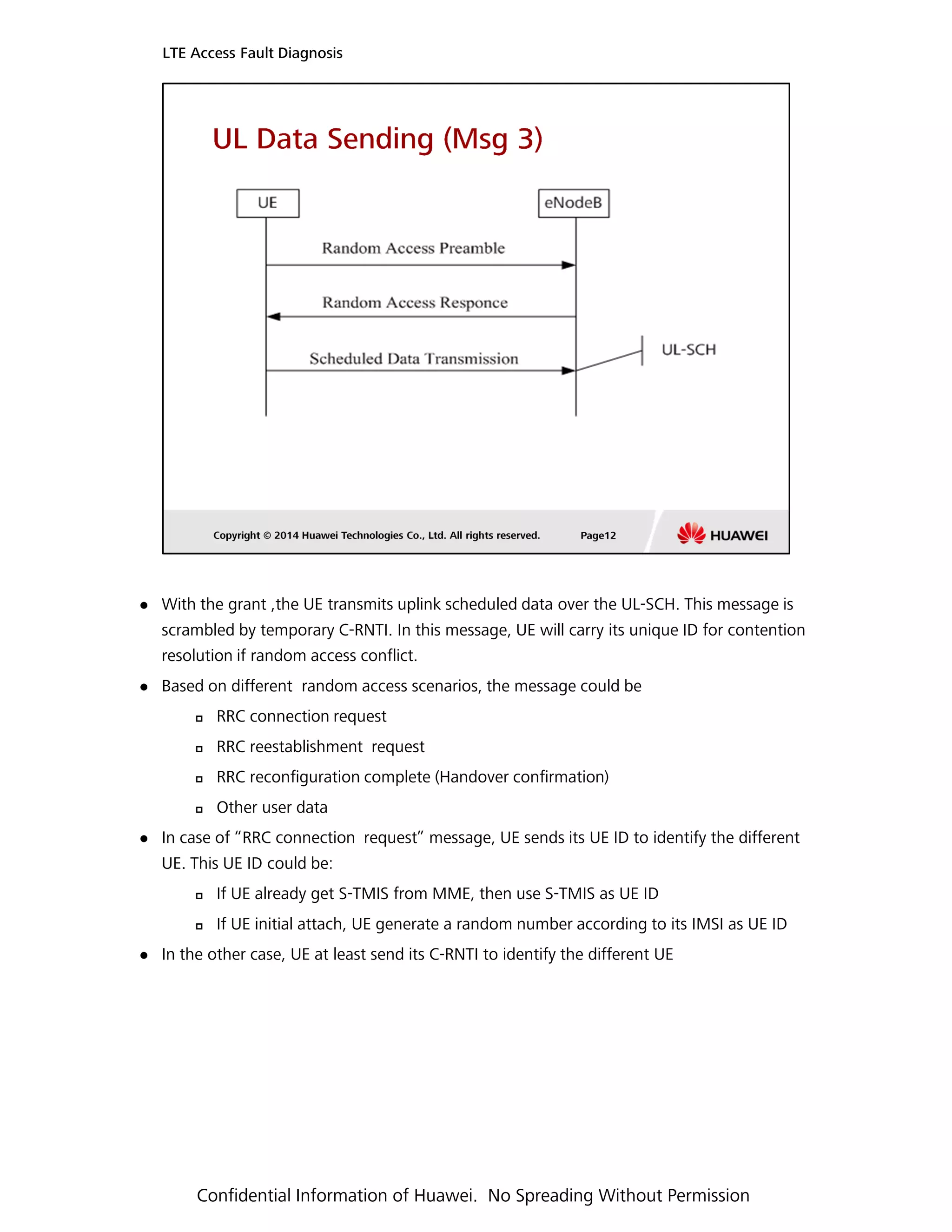 With the grant ,the UE transmits uplink scheduled data over the UL-SCH. This message is
LTE Access Fault Diagnosis
scrambled by temporary C-RNTI. In this message, UE will carry its unique ID for contention
resolution if random access conflict.
Based on different random access scenarios, the message could be
RRC connection request
RRC reestablishment request
RRC reconfiguration complete (Handover confirmation)
Other user data
In case of “RRC connection request” message, UE sends its UE ID to identify the different
UE. This UE ID could be:
If UE already get S-TMIS from MME, then use S-TMIS as UE ID
If UE initial attach, UE generate a random number according to its IMSI as UE ID
In the other case, UE at least send its C-RNTI to identify the different UE
Confidential Information of Huawei. No Spreading Without Permission
 