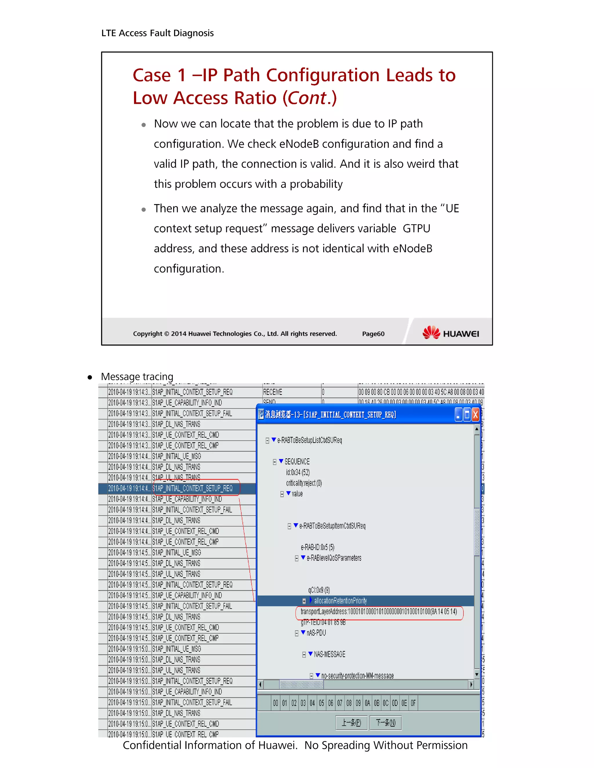 Message tracing
LTE Access Fault Diagnosis
Confidential Information of Huawei. No Spreading Without Permission
 