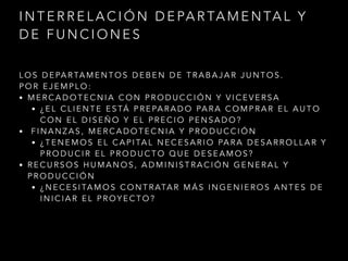 I N T E R R E L A C I Ó N D E PA R TA M E N TA L Y
D E F U N C I O N E S
L O S D E PA R TA M E N T O S D E B E N D E T R A B A J A R J U N T O S .
P O R E J E M P L O :
• M E R C A D O T E C N I A C O N P R O D U C C I Ó N Y V I C E V E R S A
• ¿ E L C L I E N T E E S TÁ P R E PA R A D O PA R A C O M P R A R E L A U T O
C O N E L D I S E Ñ O Y E L P R E C I O P E N S A D O ?
• F I N A N Z A S , M E R C A D O T E C N I A Y P R O D U C C I Ó N
• ¿ T E N E M O S E L C A P I TA L N E C E S A R I O PA R A D E S A R R O L L A R Y
P R O D U C I R E L P R O D U C T O Q U E D E S E A M O S ?
• R E C U R S O S H U M A N O S , A D M I N I S T R A C I Ó N G E N E R A L Y
P R O D U C C I Ó N
• ¿ N E C E S I TA M O S C O N T R ATA R M Á S I N G E N I E R O S A N T E S D E
I N I C I A R E L P R O Y E C T O ?
 