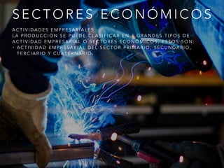 S E C T O R E S E C O N Ó M I C O S
A C T I V I D A D E S E M P R E S A R I A L E S .
L A P R O D U C C I Ó N S E P U E D E C L A S I F I C A R E N 4 G R A N D E S T I P O S D E
A C T I V I D A D E M P R E S A R I A L O S E C T O R E S E C O N Ó M I C O S , E S T O S S O N :
• A C T I V I D A D E M P R E S A R I A L D E L S E C T O R P R I M A R I O , S E C U N D A R I O ,
T E R C I A R I O Y C U AT E R N A R I O .
 