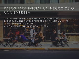 PA S O S PA R A I N I C I A R U N N E G O C I O S O
U N A E M P R E S A
1. I D E N T I F I C A R O P O R T U N I D A D E S D E M E R C A D O
2. B U S C A R Y E N C O N T R A R F U E N T E S D E F I N A N C I A M I E N T O
3. D E T E R M I N A R E L L U G A R
4. C O N S T R U I R U N A B A S E D E C L I E N T E S
 