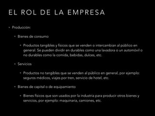 E L R O L D E L A E M P R E S A
• Producción:
• Bienes de consumo
• Productos tangibles y físicos que se venden o intercambian al público en
general. Se pueden dividir en durables como una lavadora o un automóvil o
no durables como la comida, bebidas, dulces, etc.
• Servicios
• Productos no tangibles que se venden al público en general, por ejemplo:
seguros médicos, viajes por tren, servicio de hotel, etc.
• Bienes de capital o de equipamiento
• Bienes físicos que son usados por la industria para producir otros bienes y
servicios, por ejemplo: maquinaria, camiones, etc.
 
