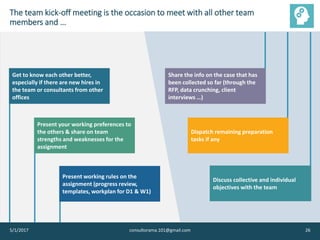 The team kick-off meeting is the occasion to meet with all other team
members and …
5/1/2017 consultorama.101@gmail.com 26
Get to know each other better,
especially if there are new hires in
the team or consultants from other
offices
Present your working preferences to
the others & share on team
strengths and weaknesses for the
assignment
Share the info on the case that has
been collected so far (through the
RFP, data crunching, client
interviews …)
Discuss collective and individual
objectives with the team
Dispatch remaining preparation
tasks if any
Present working rules on the
assignment (progress review,
templates, workplan for D1 & W1)
 