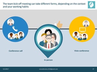 The team kick-off meeting can take different forms, depending on the context
and your working habits
5/1/2017 consultorama.101@gmail.com 27
Conference call
In-person
Visio conference
 