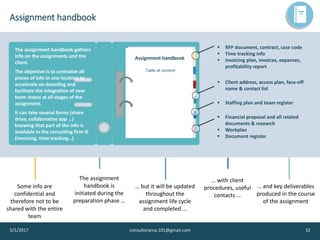 Assignment handbook
5/1/2017 consultorama.101@gmail.com 32
▪ RFP document, contract, case code
▪ Time tracking info
▪ Invoicing plan, invoices, expanses,
profitability report
▪ Client address, access plan, face-off
name & contact list
▪ Staffing plan and team register
▪ Financial proposal and all related
documents & research
▪ Workplan
▪ Document register
Some info are
confidential and
therefore not to be
shared with the entire
team
The assignment handbook gathers
info on the assignments and the
client.
The objective is to centralize all
pieces of info in one location to
accelerate on-boarding and
facilitate the integration of new
team mates at all stages of the
assignment.
It can take several forms (share
drive, collaborative app …)
knowing that part of the info is
available in the consulting firm IS
(invoicing, time tracking…)
The assignment
handbook is
initiated during the
preparation phase …
… but it will be updated
throughout the
assignment life cycle
and completed …
Assignment handbook
Table of content
… with client
procedures, useful
contacts …
… and key deliverables
produced in the course
of the assignment
 