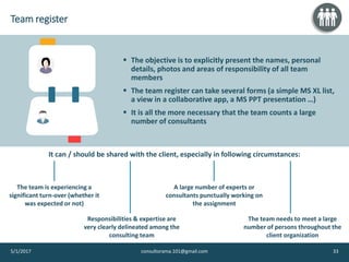 Team register
▪ The objective is to explicitly present the names, personal
details, photos and areas of responsibility of all team
members
▪ The team register can take several forms (a simple MS XL list,
a view in a collaborative app, a MS PPT presentation …)
▪ It is all the more necessary that the team counts a large
number of consultants
5/1/2017 consultorama.101@gmail.com 33
The team is experiencing a
significant turn-over (whether it
was expected or not)
Responsibilities & expertise are
very clearly delineated among the
consulting team
A large number of experts or
consultants punctually working on
the assignment
The team needs to meet a large
number of persons throughout the
client organization
It can / should be shared with the client, especially in following circumstances:
 