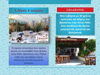1.Alexis 4 seasons
Το πρώτο εστιατόριο που πρέπει
κανείς να επισκεφθεί όταν φτάσει
στην Ρόδο. Βρίσκεται στην Παλιά
πόλη και προσφέρει πιάτα
Ελληνικής και Μεσογειακής
κουζίνας.
Μια ταβέρνα με 30 χρόνια
εμπειρίας και φήμης που
βρίσκεται στην νότια Ρόδο.
Στον κατάλογο θα βρείτε
μαγειρευτά, κρεατικά και
θαλασσινά.
2.ΠΛΑΤΑΝΟΣ
 
