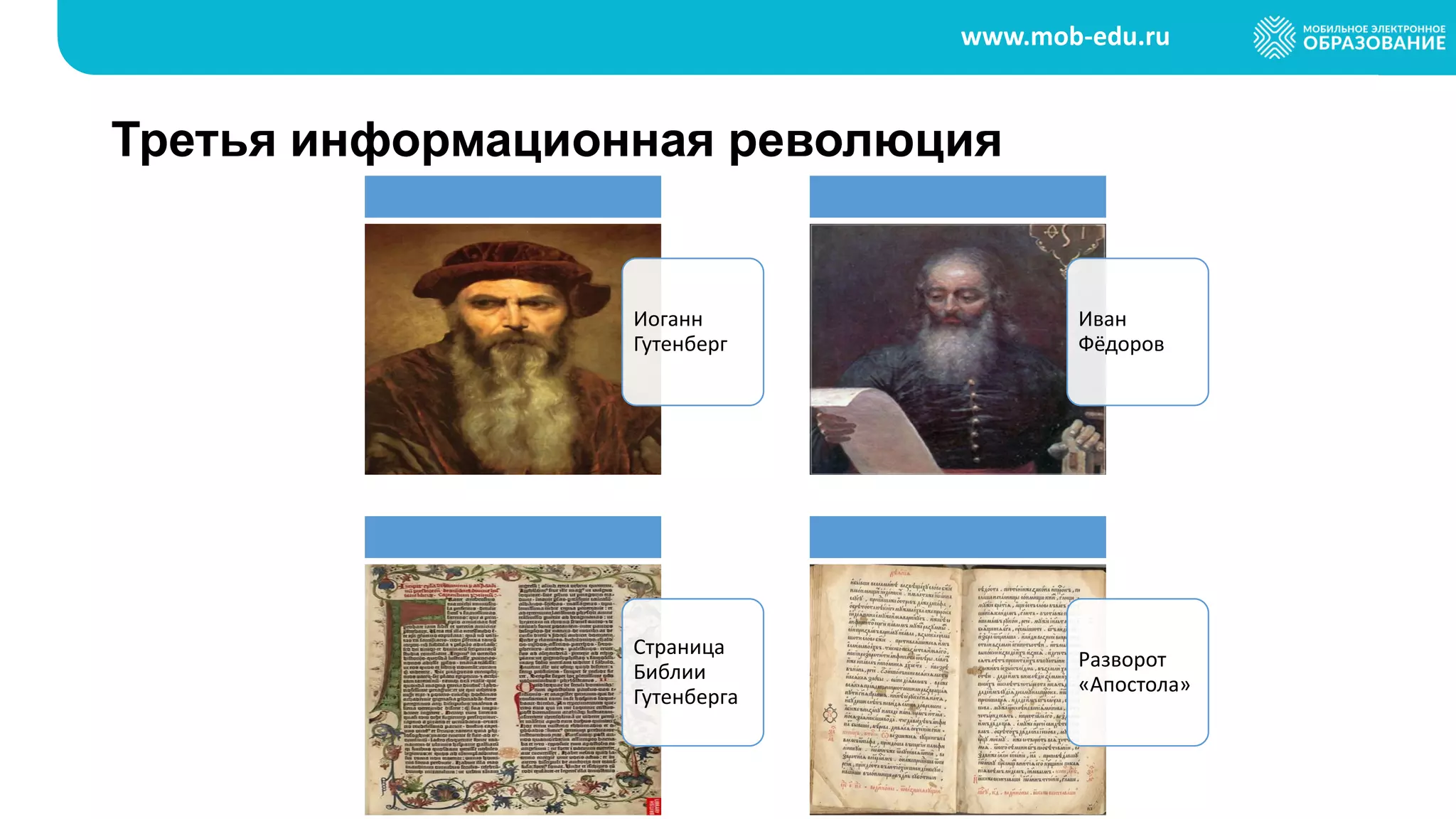 www.mob-edu.ru
Третья информационная революция
Иоганн
Гутенберг
Иван
Фёдоров
Страница
Библии
Гутенберга
Разворот
«Апостола»
 