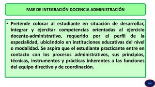 • Pretende colocar al estudiante en situación de desarrollar,
integrar y ejercitar competencias orientadas al ejercicio
docente-administrativo, requerido por el perfil de la
especialidad, ubicándolo en instituciones educativas del nivel
o modalidad. Se aspira que el estudiante practicante entre en
contacto con los procesos administrativos, sus principios,
técnicas, instrumentos y prácticas inherentes a las funciones
del equipo directivo y de coordinación.
FASE DE INTEGRACIÓN DOCENCIA ADMINISTRACIÓN
GPA
 
