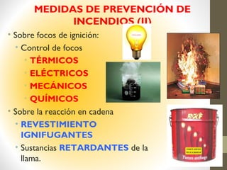 MEDIDAS DE PREVENCIÓN DE
INCENDIOS (II)
• Sobre focos de ignición:
• Control de focos
• TÉRMICOS
• ELÉCTRICOS
• MECÁNICOS
• QUÍMICOS
• Sobre la reacción en cadena
• REVESTIMIENTO
IGNIFUGANTES
• Sustancias RETARDANTES de la
llama.
 