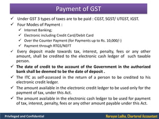 Narayan Lodha, Chartered AccountantPrivileged and Confidential
Payment of GST
 Under GST 3 types of taxes are to be paid : CGST, SGST/ UTGST, IGST.
 Four Modes of Payment :
 Internet Banking;
 Electronic including Credit Card/Debit Card
 Over the Counter Payment (for Payments up to Rs. 10,000/-)
 Payment through RTGS/NEFT
 Every deposit made towards tax, interest, penalty, fees or any other
amount, shall be credited to the electronic cash ledger of such taxable
person.
 The date of credit to the account of the Government in the authorized
bank shall be deemed to be the date of deposit .
 The ITC as self-assessed in the return of a person to be credited to his
electronic credit ledger.
 The amount available in the electronic credit ledger to be used only for the
payment of tax, under this Act.
 The amount available in the electronic cash ledger to be used for payment
of tax, interest, penalty, fees or any other amount payable under this Act.
 