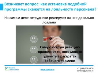 +7 (499) 638 48 39
contact@yaware.ru
www.yaware.ru
Возникает вопрос: как установка подобной
программы скажется на лояльности персонала?
На самом деле сотрудники реагируют на нее довольно
лояльно
Самую острую реакцию
проявляют те, кого можно
уличить в растратах
рабочего времени
 