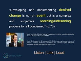 “Developing and implementing desired
change is not an event but is a complex
and subjective learning/unlearning
process for all concerned” (p.73).
Scott, G., Coates, H., & Anderson, M. (2008). Learning leaders in times of
change: Academic leadership capabilities for Australian higher education.
Australian Learning and Teaching Council, NSW.
Scott, G. (2003). Effective change management in higher education. Educause
Review, November/December, 64-80.
Listen | Link | Lead
 