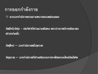 การออกกาลังกาย
 ควรออกกาลังกายตามความเหมาะสมของแต่ละบุคคล
วัยเด็กถึงวัยรุ่น - เล่นกีฬาที่สร้างความแข็งแรง เพราะร่างกายมีการพัฒนาและ
สร้างกล้ามเนื้อ
วัยผู้ใหญ่ – ออกกาลังกายเพื่อสุขภาพ
วัยสูงอายุ – ออกกาลังกายที่สร้างเสริมระบบการหายใจและระบบไหลเวียนโลหิต
 