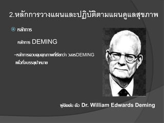 2.หลักการวางแผนและปฏิบัติตามแผนดูแลสุขภาพ
 หลักการ
หลักการ DEMING
-หลักการควบคุมคุณภาพที่เรียกว่า วงจรDEMING
เพื่อที่จะบรรลุเป้าหมาย
ผู้คิดค้น คือ Dr. William Edwards Deming
 