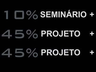 PROJETO
45%
45%
10%
PROJETO +
+
SEMINÁRIO +
 