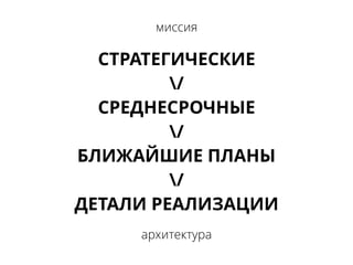 СТРАТЕГИЧЕСКИЕ
/
СРЕДНЕСРОЧНЫЕ
/
БЛИЖАЙШИЕ ПЛАНЫ
/
ДЕТАЛИ РЕАЛИЗАЦИИ
миссия
архитектура
 