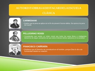 AUTORESYOBRASADESTACARDELAESCUELA
CLÁSICA
CARMIGNANI
• Explica que la pena se aplica con el fin de prevenir futuros delitos. Se opone a la pena
de muerte
PELLEGRINO ROSSI
• Consideraba que existía un orden moral que todos los seres libres e inteligentes
debíamos de seguir, pensando así que estos ordenes debían aplicarse en la sociedad
FRANCISCO CARRARA
• Sostiene que el Derecho es connatural en el hombre, porque Dios lo dio a la
humanidad desde su creación.
 