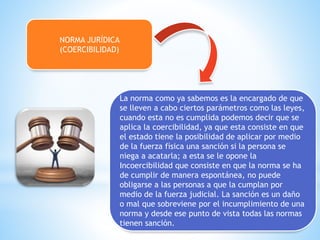 NORMA JURÍDICA
(COERCIBILIDAD)
La norma como ya sabemos es la encargado de que
se lleven a cabo ciertos parámetros como las leyes,
cuando esta no es cumplida podemos decir que se
aplica la coercibilidad, ya que esta consiste en que
el estado tiene la posibilidad de aplicar por medio
de la fuerza física una sanción si la persona se
niega a acatarla; a esta se le opone la
Incoercibilidad que consiste en que la norma se ha
de cumplir de manera espontánea, no puede
obligarse a las personas a que la cumplan por
medio de la fuerza judicial. La sanción es un daño
o mal que sobreviene por el incumplimiento de una
norma y desde ese punto de vista todas las normas
tienen sanción.
 
