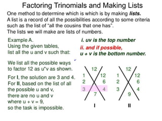 Factoring Trinomials and Making Lists
 
