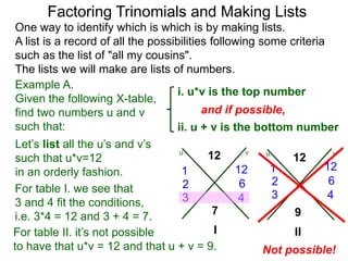 Factoring Trinomials and Making Lists
One way to identify which is which is by making lists.
A list is a record of all the possibilities following some criteria
such as the list of "all my cousins".
The lists we will make are lists of numbers.
Example A.
Given the following X-table,
find two numbers u and v
such that:
i. u*v is the top number
ii. u + v is the bottom number
Not possible!
I II
12 12
97
121
62
43
121
62
43
Let’s list all the u’s and v’s
such that u*v=12
in an orderly fashion.
vu vu
For table I. we see that
3 and 4 fit the conditions,
i.e. 3*4 = 12 and 3 + 4 = 7.
For table II. it’s not possible
to have that u*v = 12 and that u + v = 9.
and if possible,
 