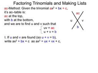 ac-Method: Given the trinomial ax2 + bx + c,
it’s ac–table is:
ac at the top,
with b at the bottom,
and we are to find u and v such that
uv = ac
u + v = b
I. If u and v are found (so u + v = b),
write ax2 + bx + c as ax2 + ux + vx + c,
ac
b
u v
Factoring Trinomials and Making Lists
 