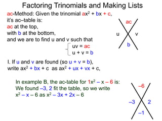 ac-Method: Given the trinomial ax2 + bx + c,
it’s ac–table is:
ac at the top,
with b at the bottom,
and we are to find u and v such that
–6
–1
–3 2
uv = ac
u + v = b
I. If u and v are found (so u + v = b),
write ax2 + bx + c as ax2 + ux + vx + c,
In example B, the ac-table for 1x2 – x – 6 is:
We found –3, 2 fit the table, so we write
x2 – x – 6 as x2 – 3x + 2x – 6
ac
b
u v
Factoring Trinomials and Making Lists
 