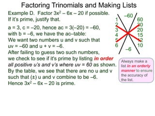 Example D. Factor 3x2 – 6x – 20 if possible.
If it’s prime, justify that.
a = 3, c = –20, hence ac = 3(–20) = –60,
with b = –6, we have the ac–table:
We want two numbers u and v such that
uv = –60 and u + v = –6.
After failing to guess two such numbers,
we check to see if it's prime by listing in order
all positive u’s and v’s where uv = 60 as shown.
By the table, we see that there are no u and v
such that (±) u and v combine to be –6.
Hence 3x2 – 6x – 20 is prime.
Factoring Trinomials and Making Lists
–60
–6
601
302
203
154
125
106
Always make a
list in an orderly
manner to ensure
the accuracy of
the list.
 