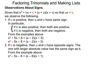 {
Observations About Signs
Given that x2 + bx + c = (x + u)(x + v) so that uv = c,
we observe the following.
1. If c is positive, then u and v have same sign.
In particular,
if b is also positive, then both are positive.
if b is negative, then both are negative.
From the examples above
x2 + 5x + 6 = (x + 2)(x + 3)
x2 – 5x + 6 = (x – 2)(x – 3)
2. If c is negative, then u and v have opposite signs. The
one with larger absolute value has the same sign as b.
From the example above
x2 – 5x – 6 = (x – 6)(x + 1)
Factoring Trinomials and Making Lists
 